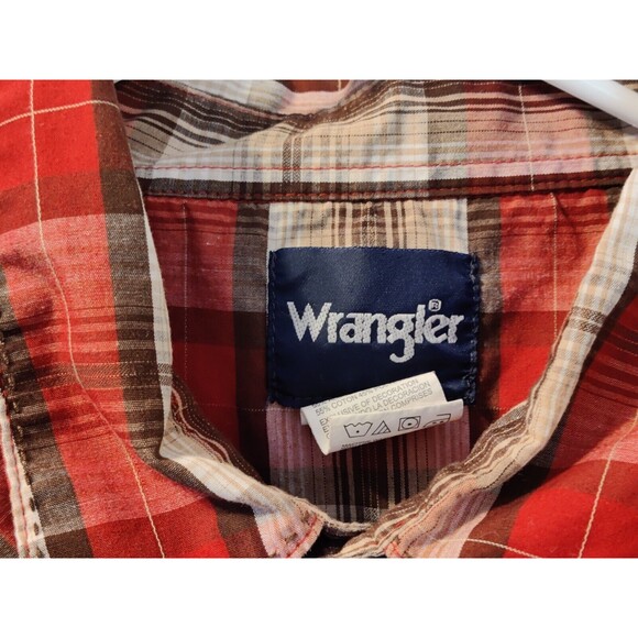 Vintage Men's Wrangler Red Tan Plaid Pearl Snap Long Sleeve Shirt - XL - Picture 8 of 10